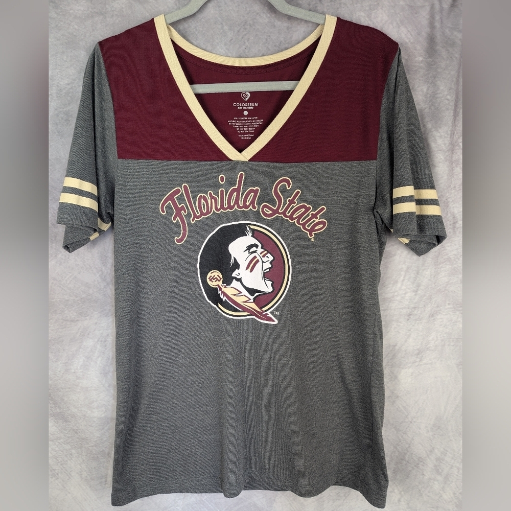 Colosseum Florida State Size Large Short Sleeve V-Neck Fan Shirt Burgundy Gray